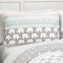 Load image into Gallery viewer, ELIE REVERSIBLE QUILT SET WITH PINK/TURQUOISE ELEPHANT STRIPED MOTIF
