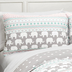 ELIE REVERSIBLE QUILT SET WITH PINK/TURQUOISE ELEPHANT STRIPED MOTIF